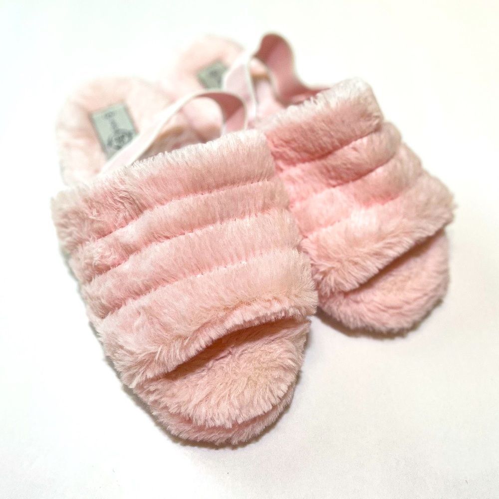 Sole mates pink furry open toe slippers elastic 8